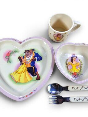 Selandia Disney Beauty and the Beast Melamine 5 Piece Set Plate Bowl Fork Spoon